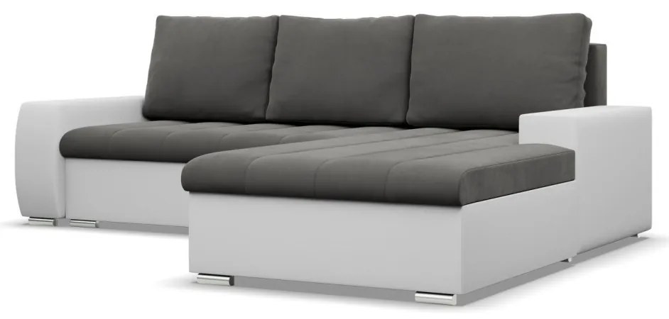 Toronto sarokkanapé, 2 ágyneműtartóval, bársony + műbőr, jobboldali, szürke - fehér