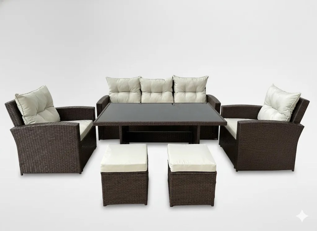 NAGY KERTI BÚTORSZETT (KANAPÉ, 2 FOTEL, 2 PUFF, ASZTAL) - BARNA, PÁRNÁK - BÉZS