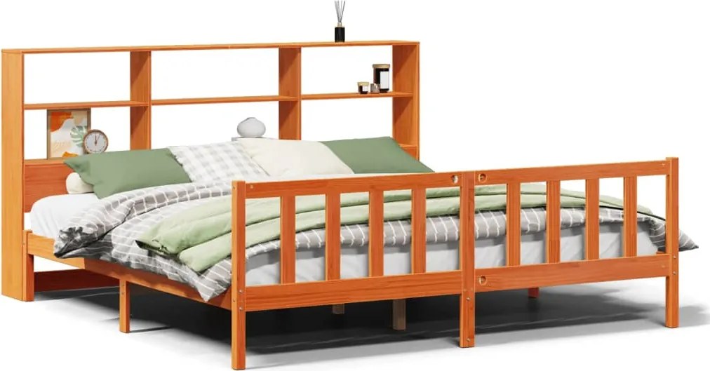 vidaXL barna tömör fenyőfa könyvespolcos ágy matrac nélkül 180 x 200cm