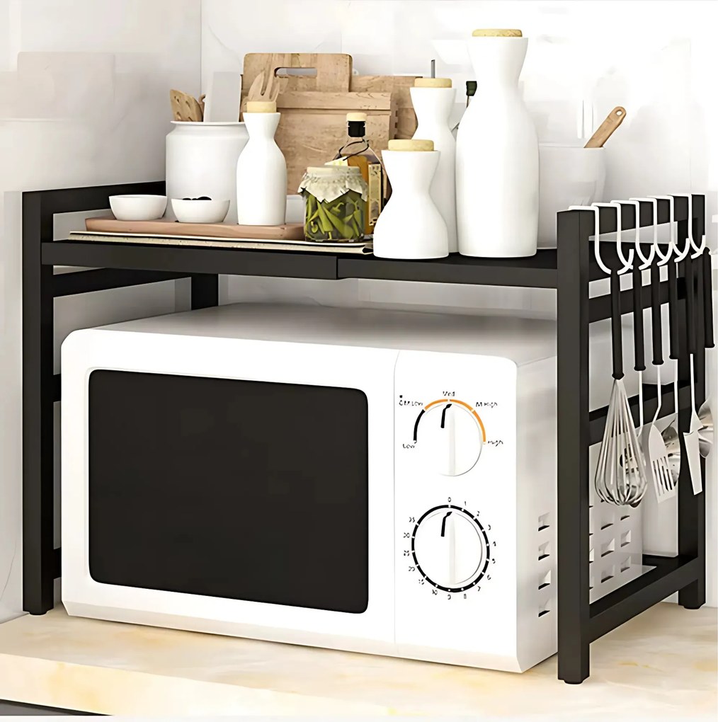 Konyhai polc magas mikrohullámú sütő fölé, fém munkalap polc, fekete