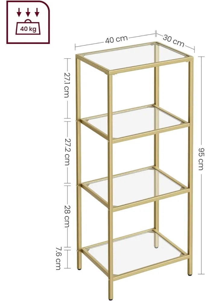 Fém tároló állvány üvegpolcokkal fürdőszobába, konyhába, arany 40x30x95cm