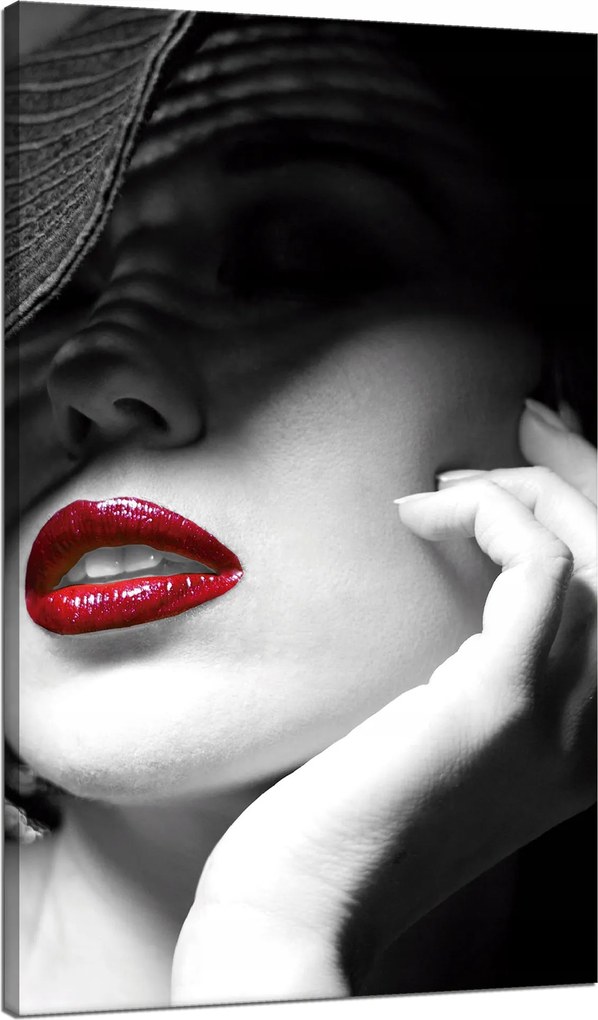 Vászonkép Piros Száj Nők Fekete Kalap Elegancia 70x120 cm