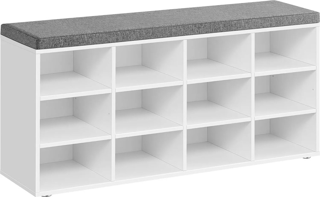 Cipőpad, tárolópad párnázott üléssel, 12 rekesszel, fehér