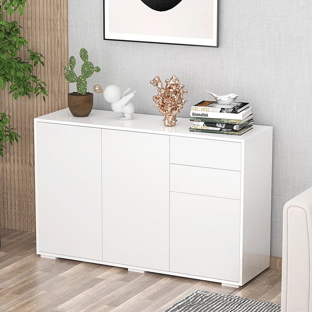 HOMCOM Nappali Tálaló 3 Ajtóval, 2 Fiókkal és Állítható Polccal Konyhába és Hálószobába - Antitipli, 117x36x74 cm Magas Fényű Fehér | Aosom