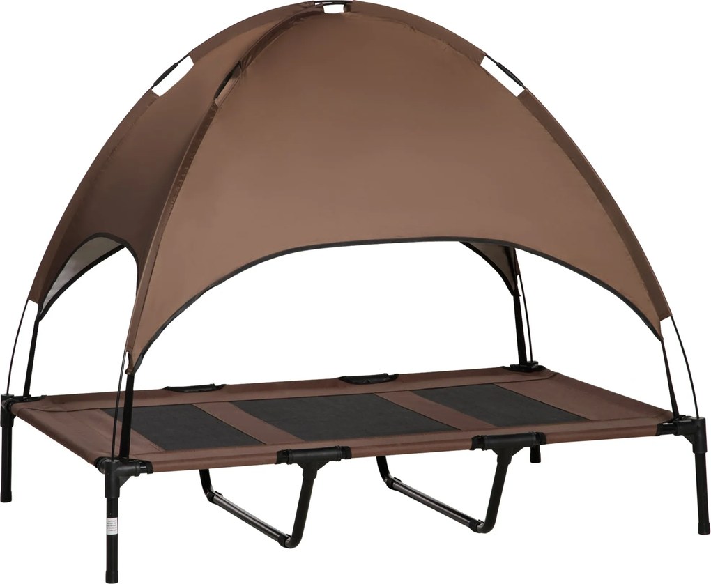 PawHut Magasított Kutyafekhely Napernyővel, Kutyapihenő, Kültéri Kutyapárna Tetővel, Légáteresztő Taft Anyagból, Kávé 122 x 92 x 108 cm | Aosom