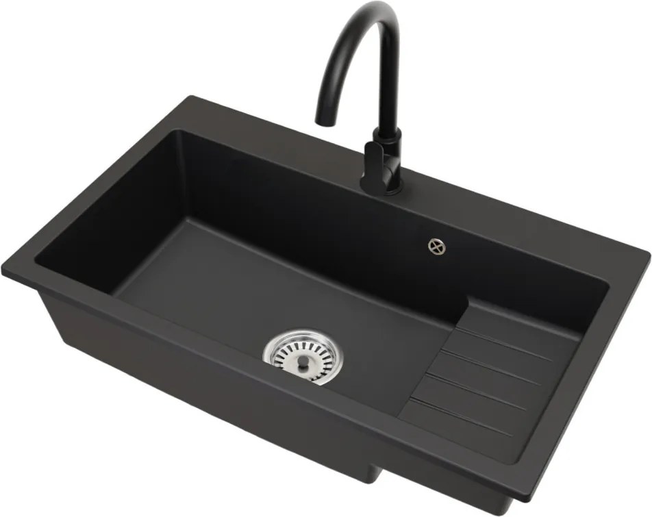 Gránit mosogató szifonnal és csepegtető felülettel, fekete, 80x48, RONA