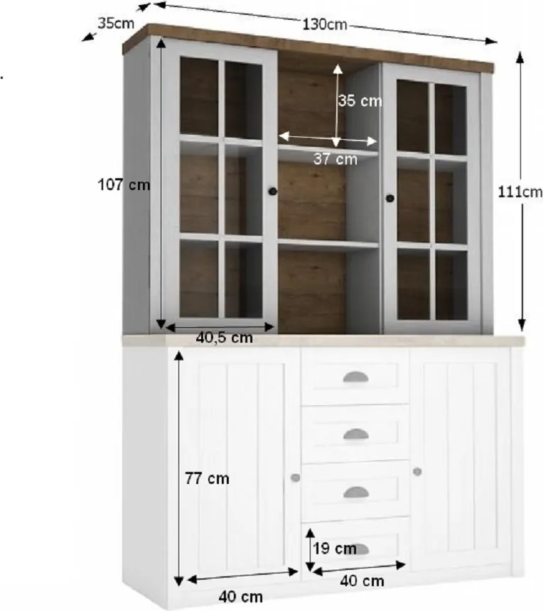 Felsőszekrény komódhoz W2D, vitrines szekrény, sosna Andersen/tölgy lefkas, PROVANCE