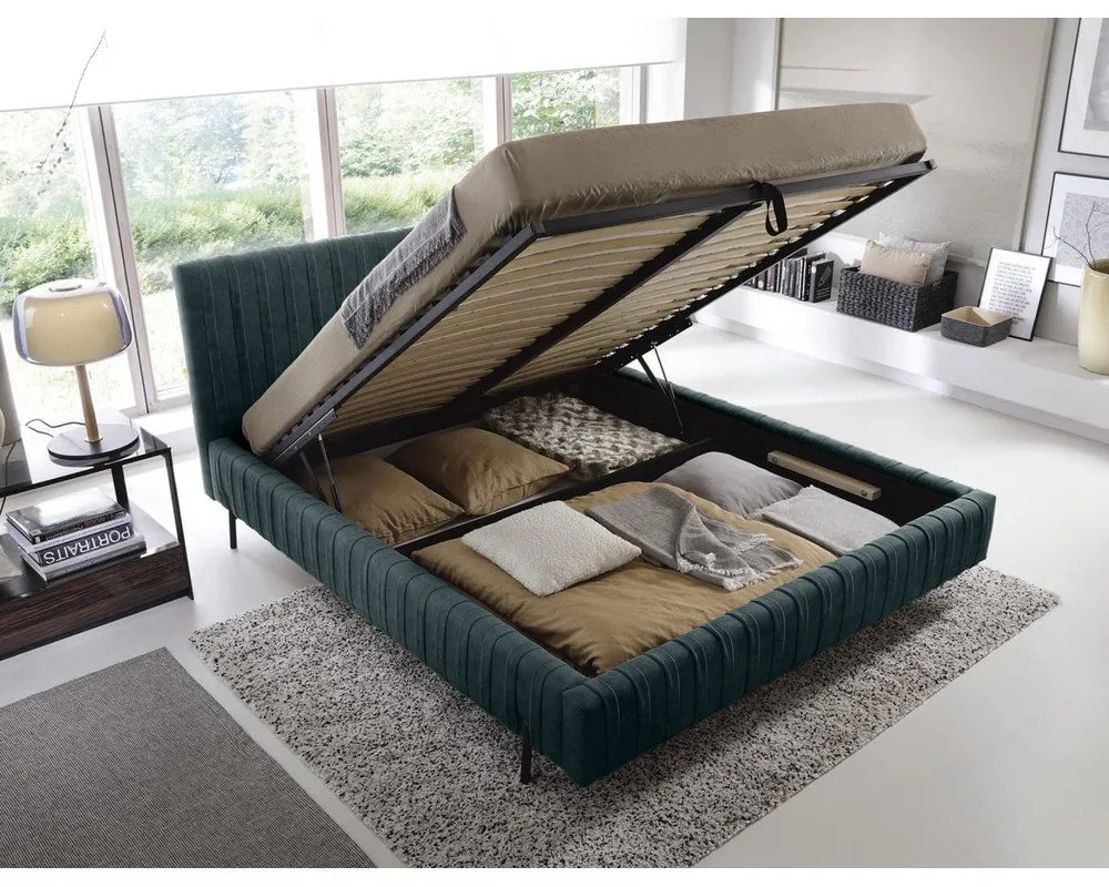 Petróleum színű kárpitozott ágyneműtartós franciaágy ágyráccsal 140x200 cm Plissa – ELTAP