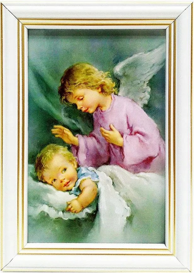 Vászonkép 10x15cm Őrangyal (rózsaszín ruha) keret fehér