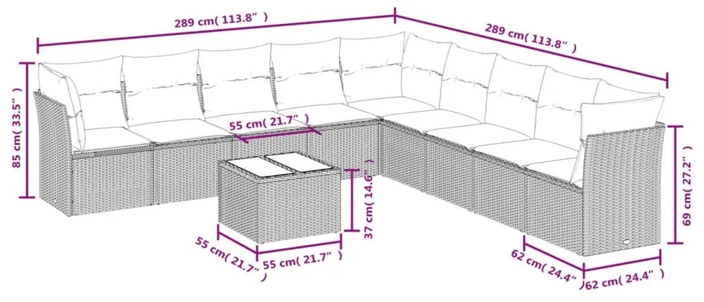 10 részes barna polyrattan kerti ülőgarnitúra párnákkal