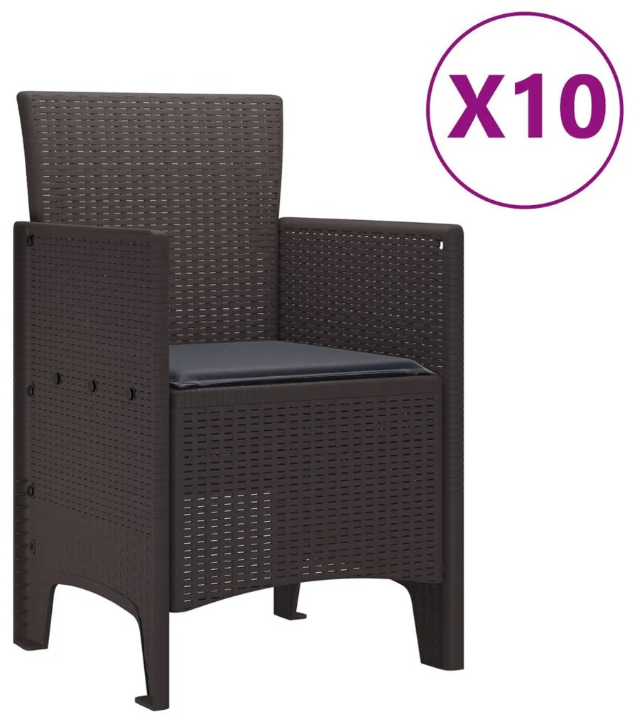 11 részes kert étkező szett párnákkal barna poli rattannal, barna kertasztal 150x100x73 cm poli rattannal, kert székek párnákkal 2 db barna poli rattannal, kert székek párnákkal 4 db barna poli rattannal