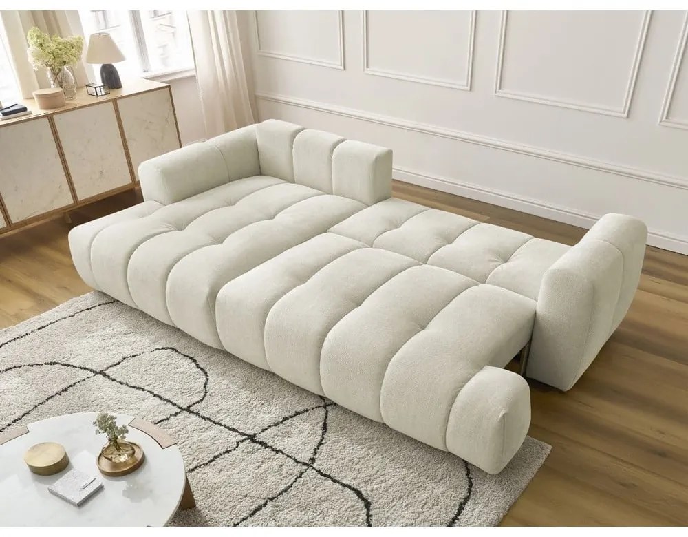 Bézs kinyitható-tárolóhelyes sarokkanapé (bal oldali-heverő résszel) Fuji – Bobochic Paris