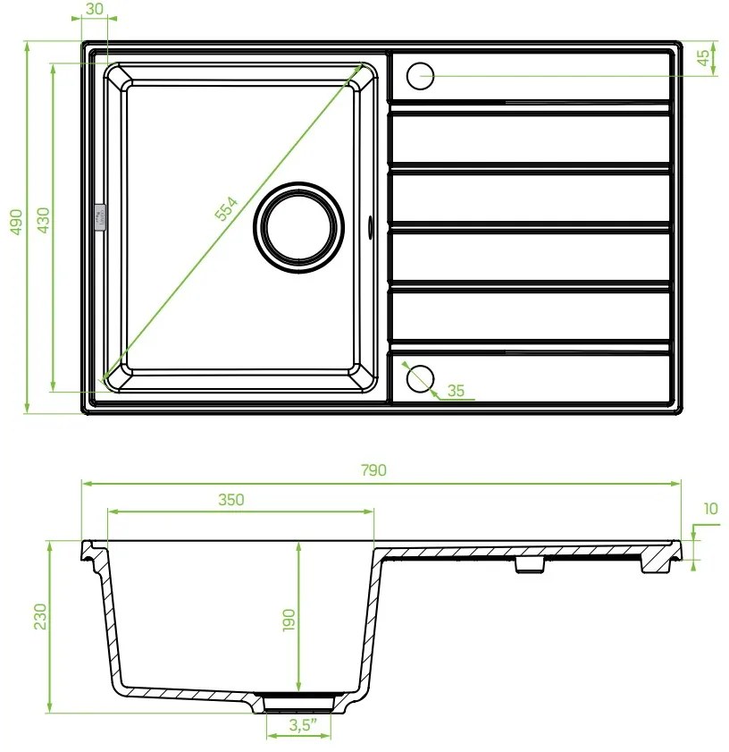 Laveo Margarita, 1 kamrás gránit mosogató 790x490x230 mm, fekete, LAV-SBM_711T