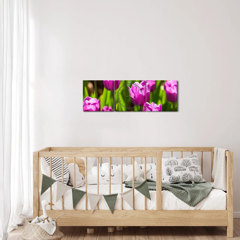 Tulipánok a réten képe (órával) (90x30 cm)