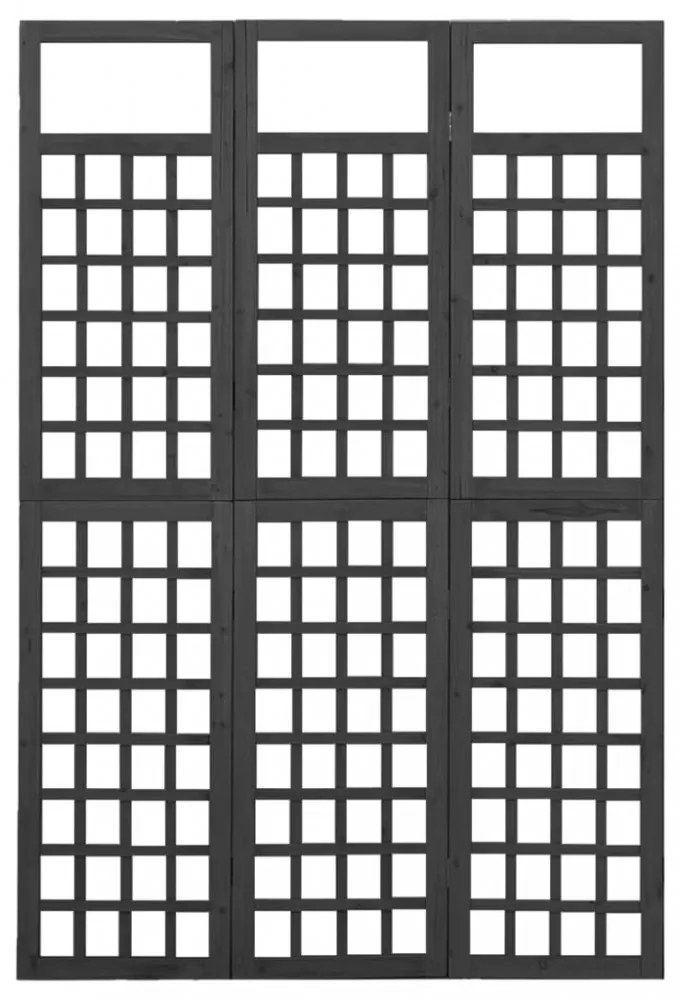 3 paneles fekete tömör fenyő térelválasztó/lugasrács 121x180 cm