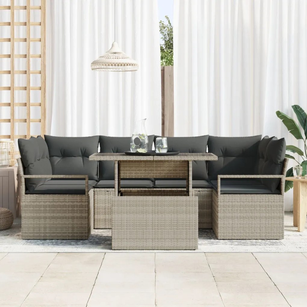 7 Darabos Kert Kanapé Készlet Párnákkal Világosszürke Poli Rattan, Kétfős Kert Kanapé Tárolóval &amp; Párnákkal Szürke Poli Rattan