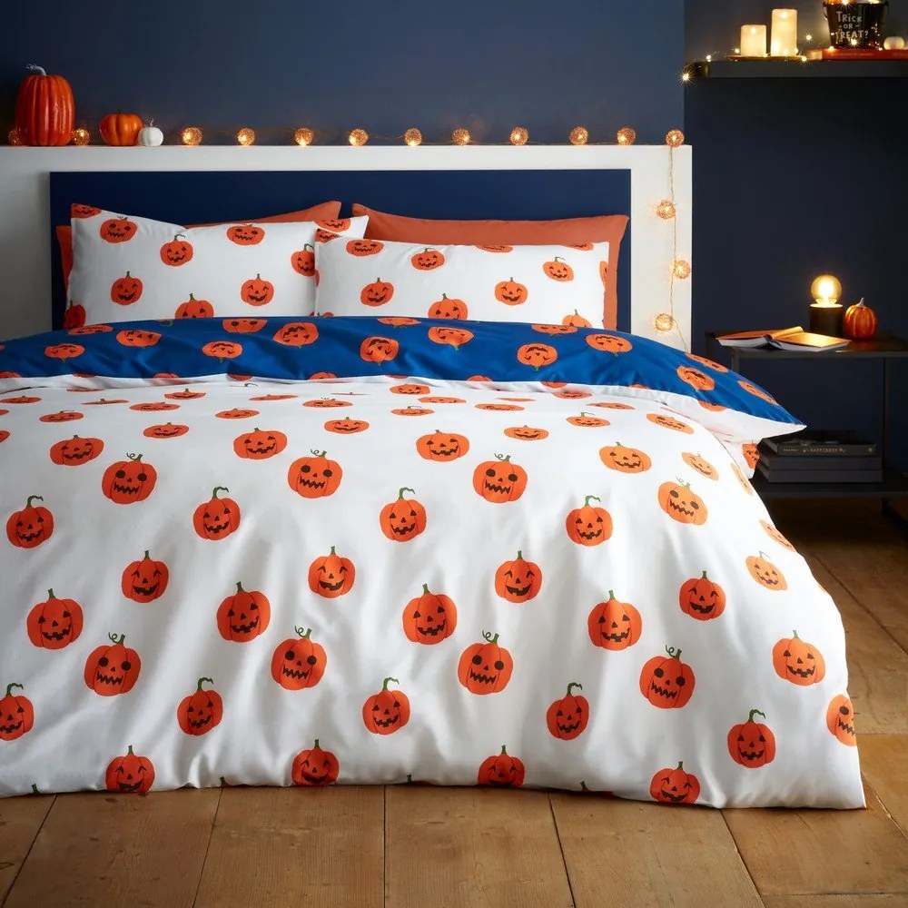 Kék-narancssárga kétszemélyes ágyneműhuzat 200x200 cm Halloween Pumpkins – Catherine Lansfield