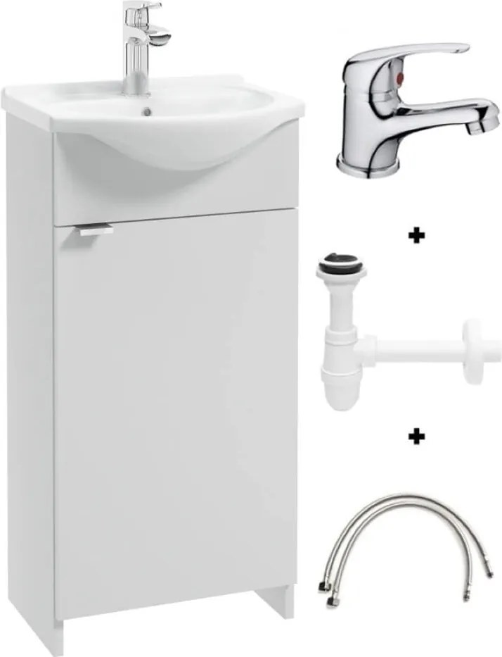 Fürdőszoba szekrény mosdóval 40-es álló fehér, szifonnal és csapteleppel króm