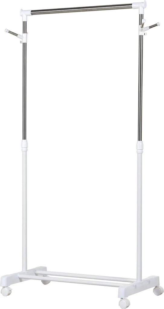 HOMCOM Standard Ruhafogó Állítható Magasságú Rúddal és Alsó Polccal Kerekeken Rozsdamentes Acél Cső 68.5x42x87-145 cm Fehér Ezüst | Aosom