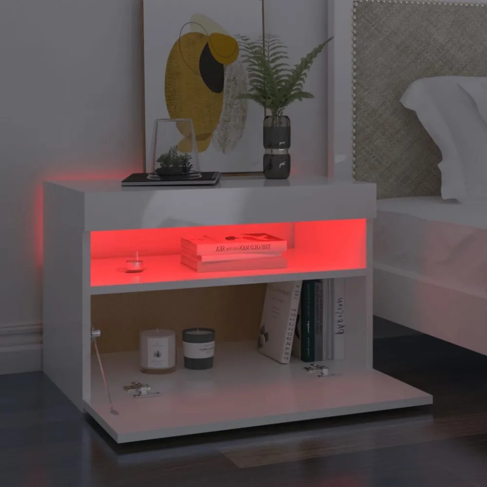 2 db magasfényű fehér éjjeliszekrény LED-lámpákkal 60x35x40 cm