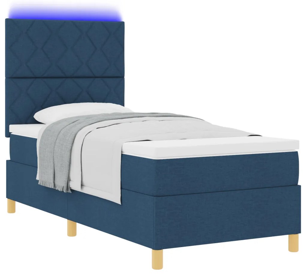 Box Spring Ágy Matraccal & LED Kék 90x190 cm Szövet