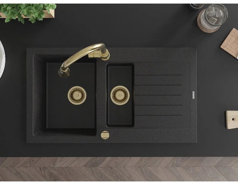 Mexen Matias, gránit mosogató 900x505x200 mm, 1,5 kamrás, fekete-ezüst metál arany szifonnal, 6502901505-73-G