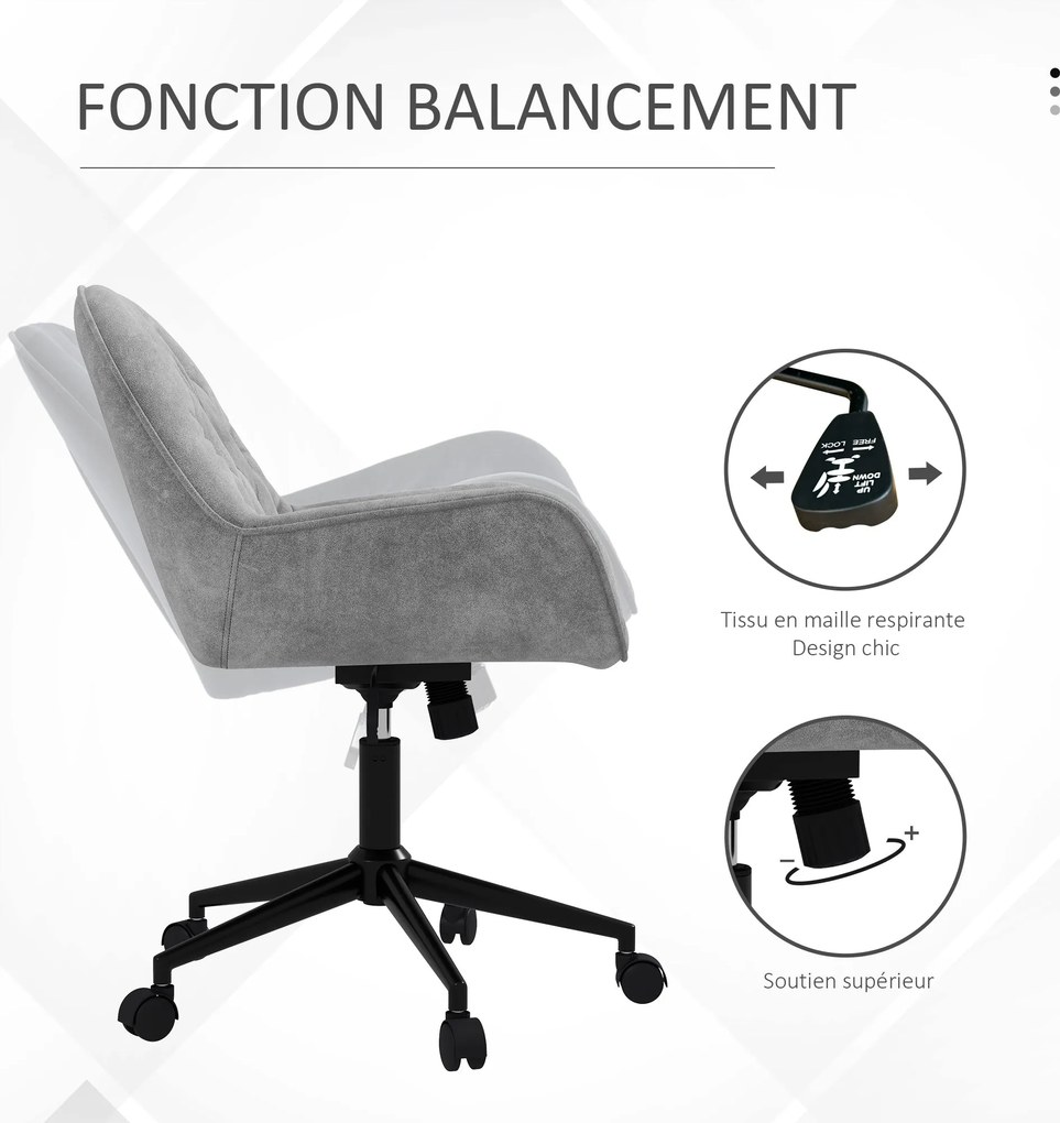 Vinsetto Irodai Szék, Plüss Hatású Szövet Ülőke, 360°-ban Forgatható Ülés, Magasságban Állítható, Lekerekített Hátú Ergonomikus Szék 120 kg Terhelhető