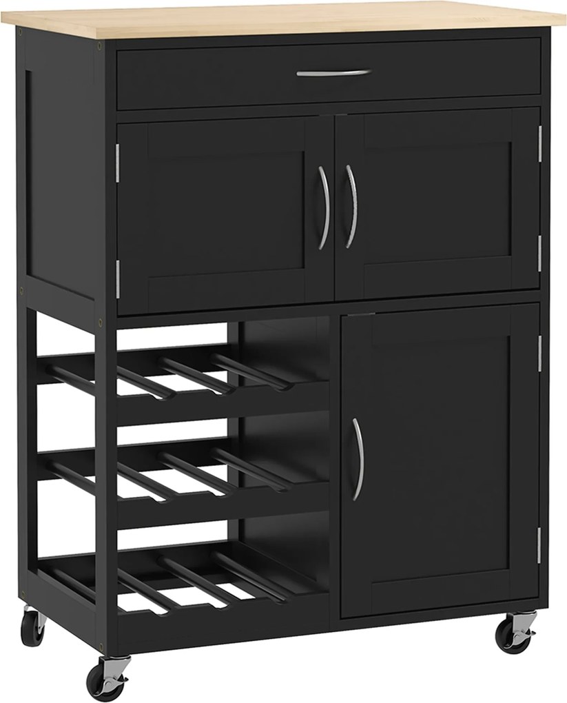 HOMCOM Konyhai Kocsi 9 Borosüveggel, 3 Ajtóval, 4 Kerekekkel és Fiókkal, Helytakarékos Konyhaszekrény Gumifa Tetővel, 67x37x87 cm, Fekete és Tölgy | A
