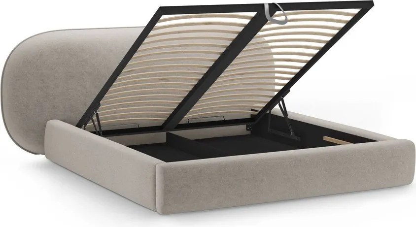 Bézs kárpitozott ágyneműtartós franciaágy ágyráccsal 160x200 cm Ovalo – Micadoni