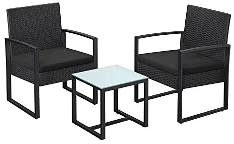 Kerti bútorszett, terasz ülőgarnitúra, polyrattan, asztal és 2 szék, fekete