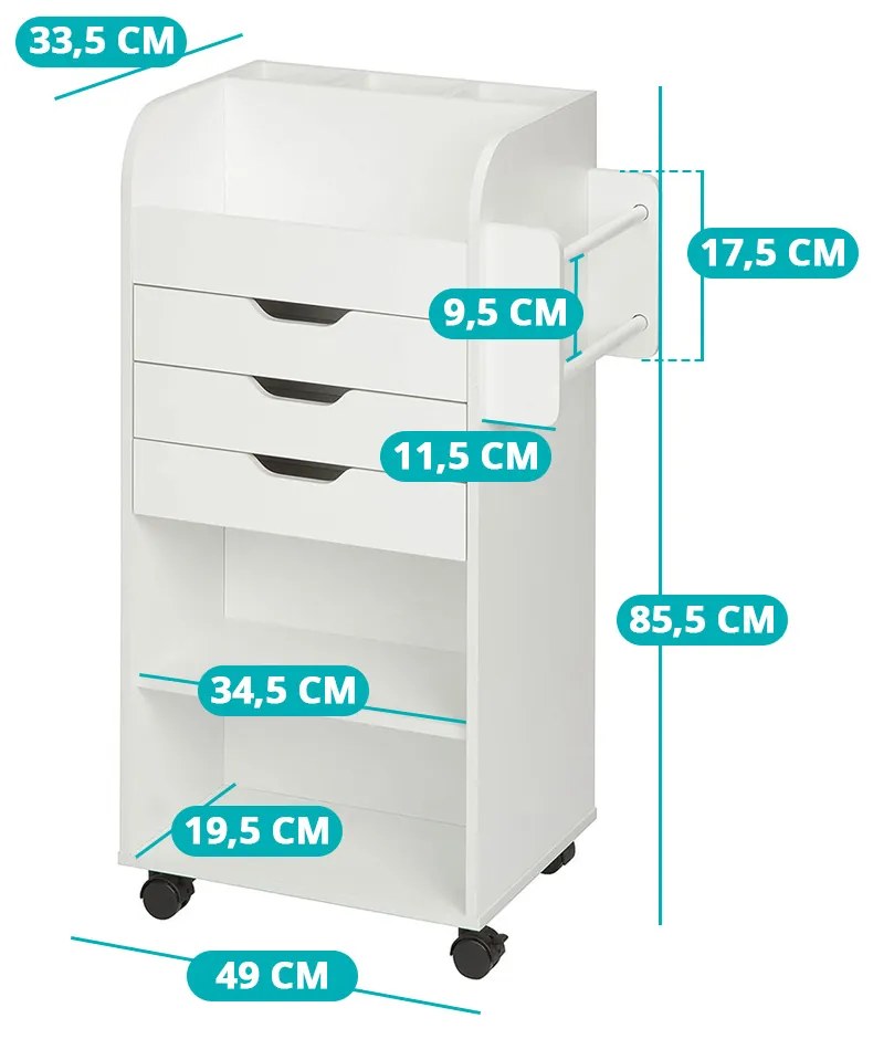 Gurulós tárolószekrény polcokkal, fiókokkal