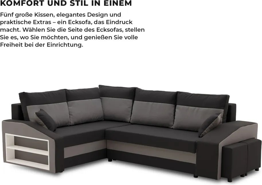 Grande sarokkanapé polcokkal és puffokkal , polc a bal karfaban puffok a jobb karfaban, baloldali, szövet anyag, bonell töltet, fekete - szürke