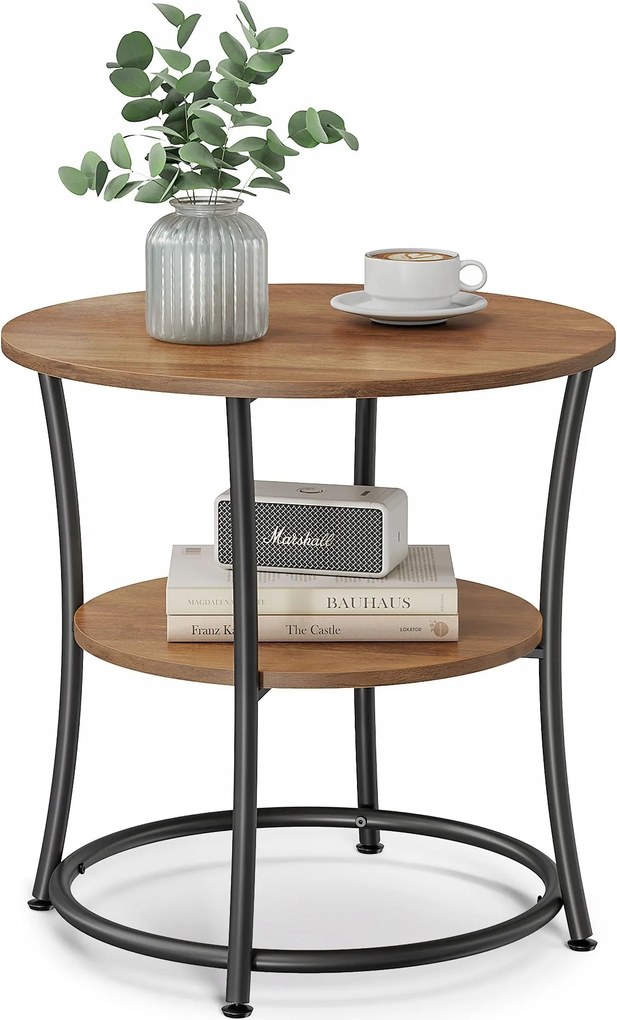 Dohányzóasztal Loft Pad Nappaliba Kerek Fekete 55 CM Asztal Polccal Barna