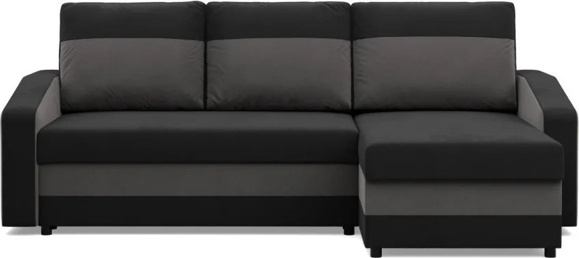 Hewlet sarokkanapé, 2 ágyneműtartóval, szövet anyag, univerzális oldal, hab töltet, fekete - szürke