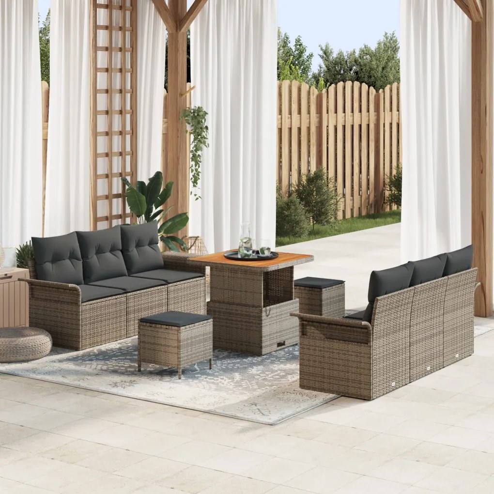 9 részes kerti kanapészett párnákkal szürke poli rattan, 2 személyes kerti kanapé párnákkal szürke poli rattan, 3 részes kerti étkezőszett párnákkal szürke poli rattan