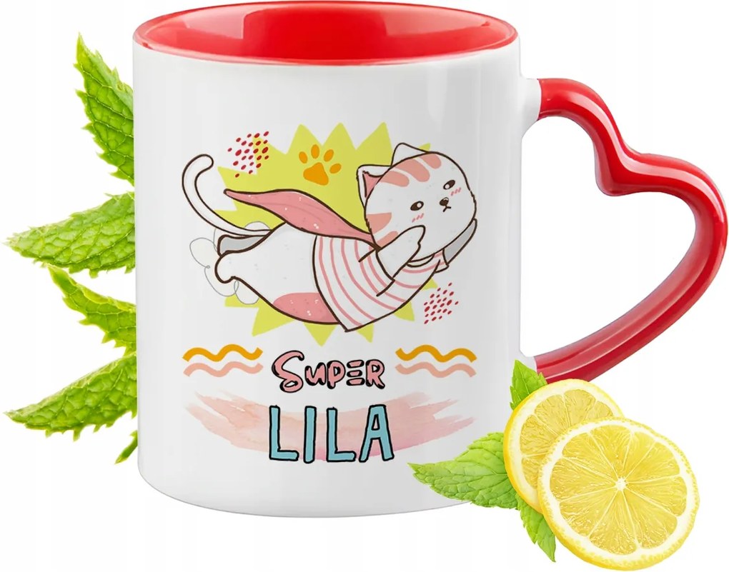 Piros bögre szív alakú füllel Liliomnak Ajándék