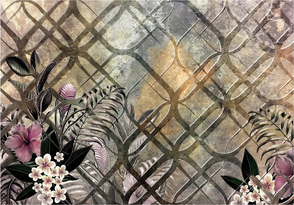 Tapéta Hibiszkusz Frangipani levelek geometria 416x290 bézs rózsa szürke+ragasztó