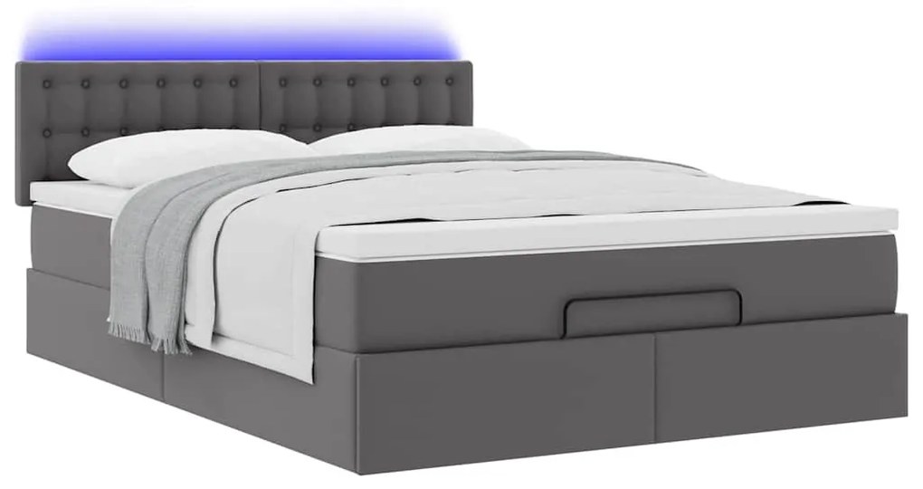 szürke műbőr ottomán ágy matracokkal & LED-ek 140x190cm