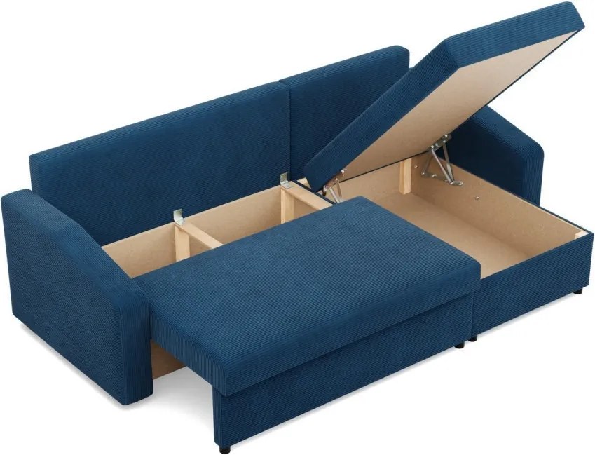 Zeus sarokkanapé, 1 ágyneműtartóval, döntött kartámasz, kordbársony, univerzális oldal, hab töltet, kék