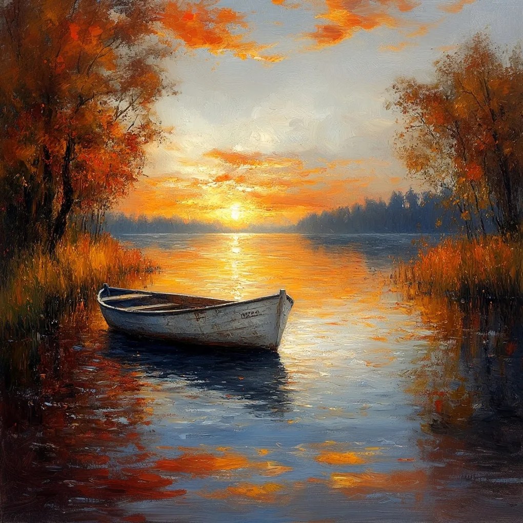 Vászonkép Canvas Tájkép Tó Csónak Ősz Nap 80x80