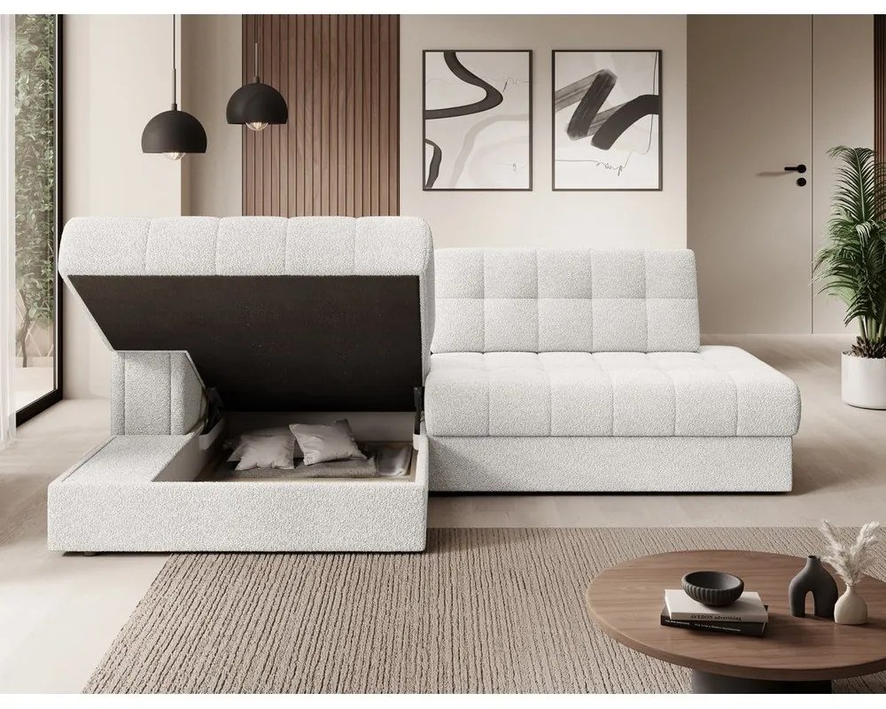 Krémszínű buklé kinyitható sarokkanapé (bal oldali-heverő résszel) Blezalt – ELTAP