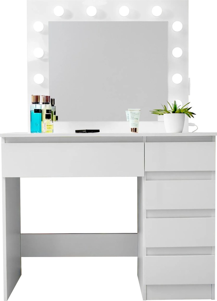 Aga Fésülködőasztal tükörrel, világítással és el.fényes fehér konnektor