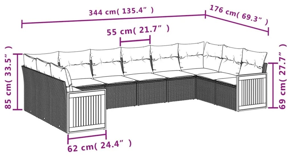 10 részes szürke polyrattan kerti ülőgarnitúra párnákkal