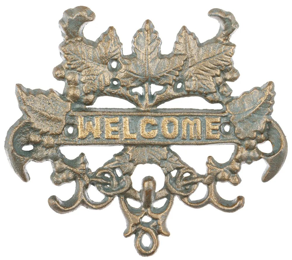 Öntöttvas patinás arany-kék kacskaringós borostyán leveles felületre szerelhető welcome tábla 17,5x19x2cm