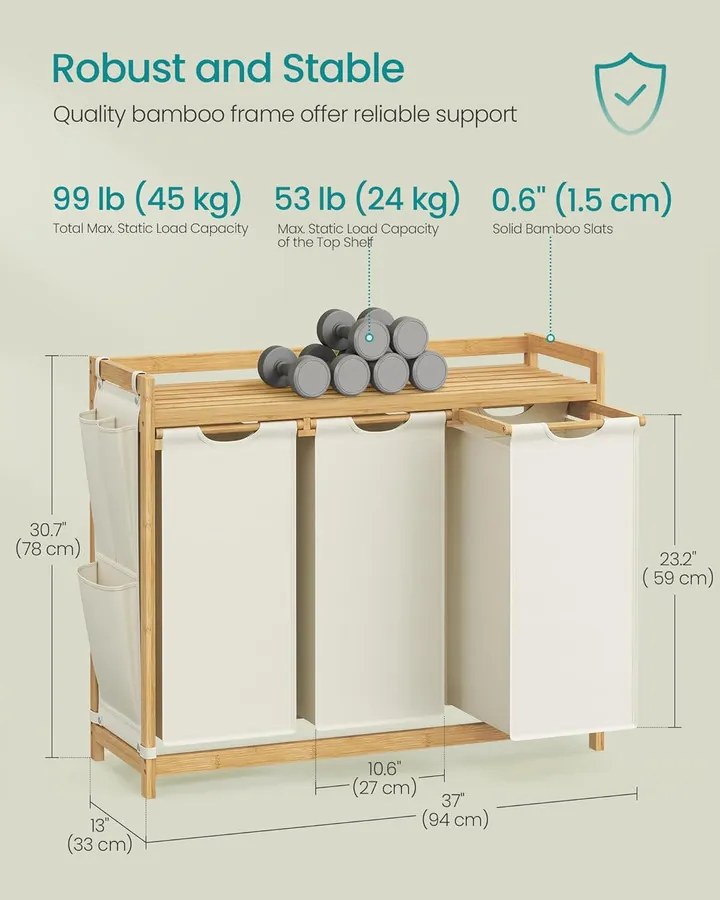 Szennyeskosár 3 rekesszel, 3 x 50 l, 94 x 33 x 78 cm, krémfehér