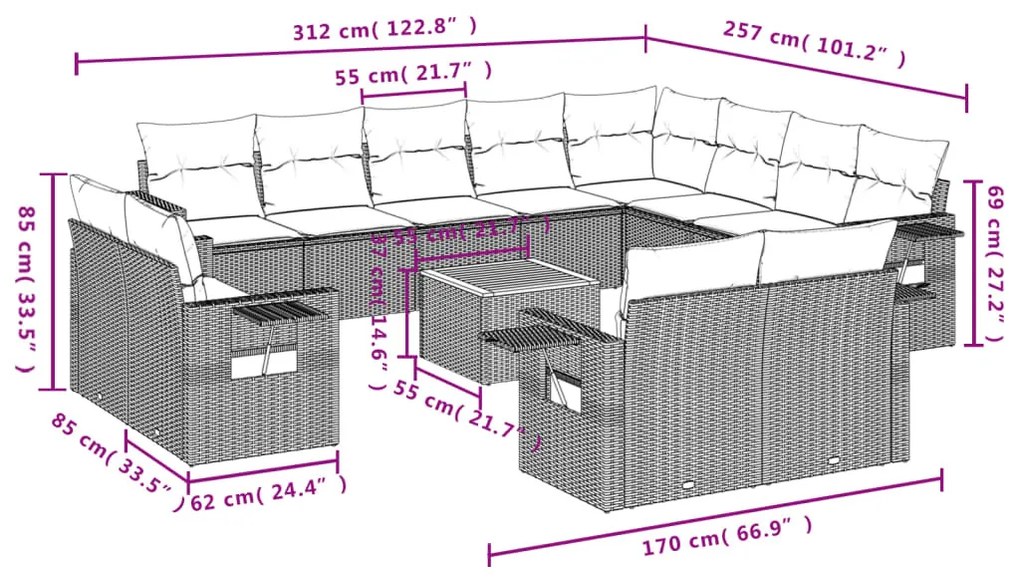 13 részes fekete polyrattan kerti ülőgarnitúra párnákkal