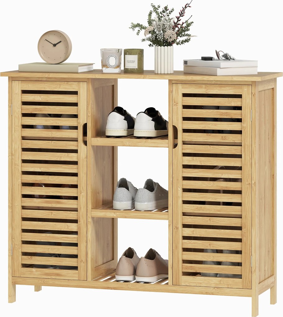 HOMCOM Bambusz Cipőszekrény 2 Rácsos Ajtóval - Előszobai Cipőtároló Polcokkal és Nyitott Rekeszekkel 9 Pár Cipőhöz 100x33x86 cm Természetes | Aosom