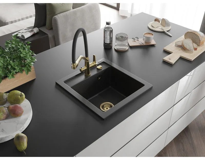 Mexen Vito, 1 kamrás gránit mosogató 520x490x210 mm, Duo mosogató csaptelep, fekete-ezüst metál, 6503-73-671701-57-G