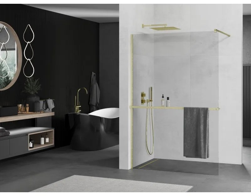 Mexen Kioto+, Walk-In zuhanyparaván polccal és akasztóval 90 x 200 cm, 8 mm átlátszó üveg, arany matt profil, 800-090-121-55-00