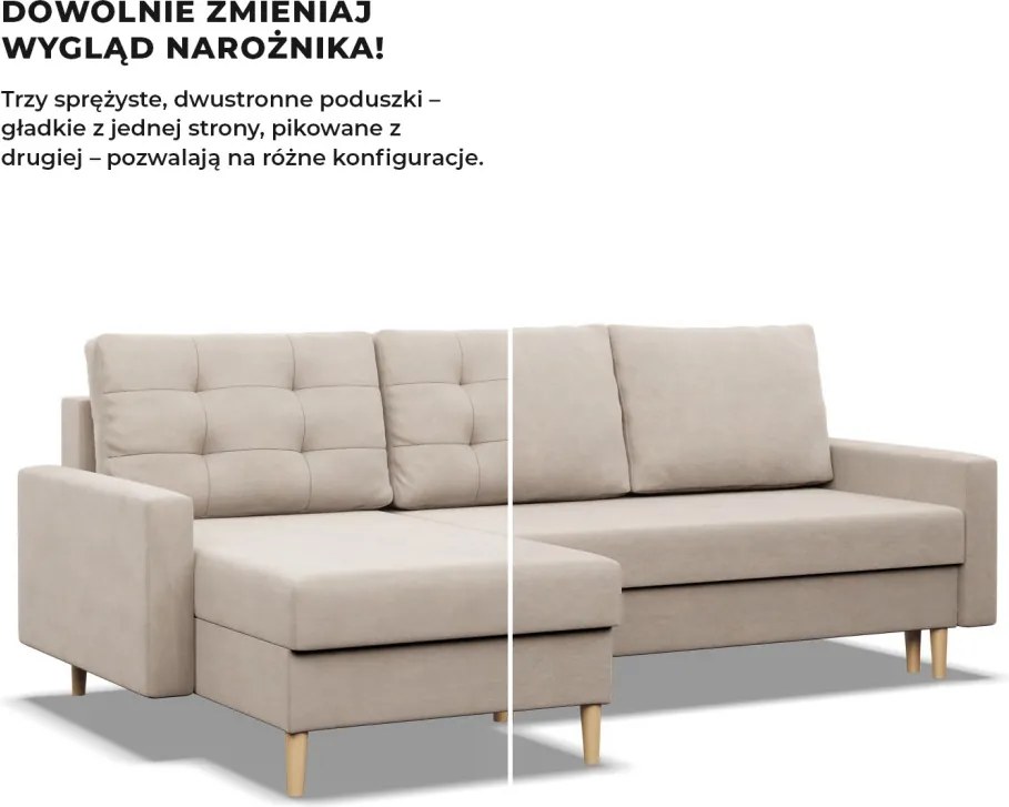 Etna sarokkanapé, 2 ágyneműtartóval, bársony, univerzális oldal, bonell töltet, bézs